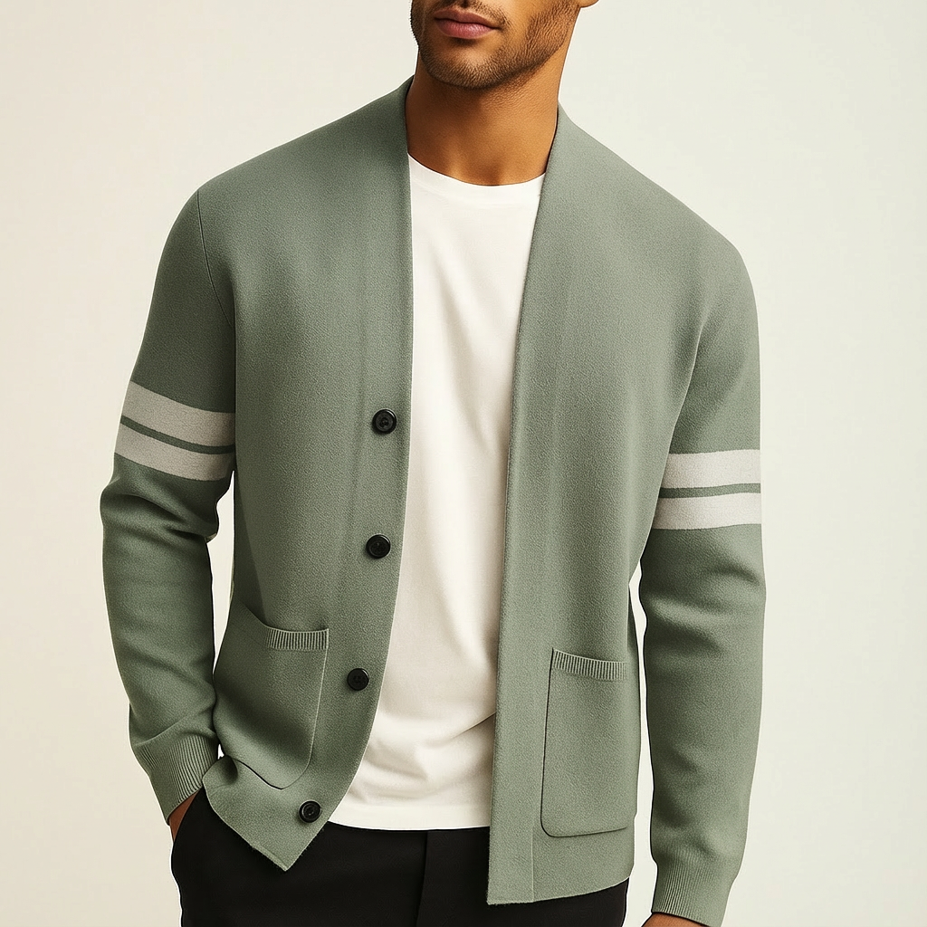 Men's merino wool cardigan with striped sleeves in light green