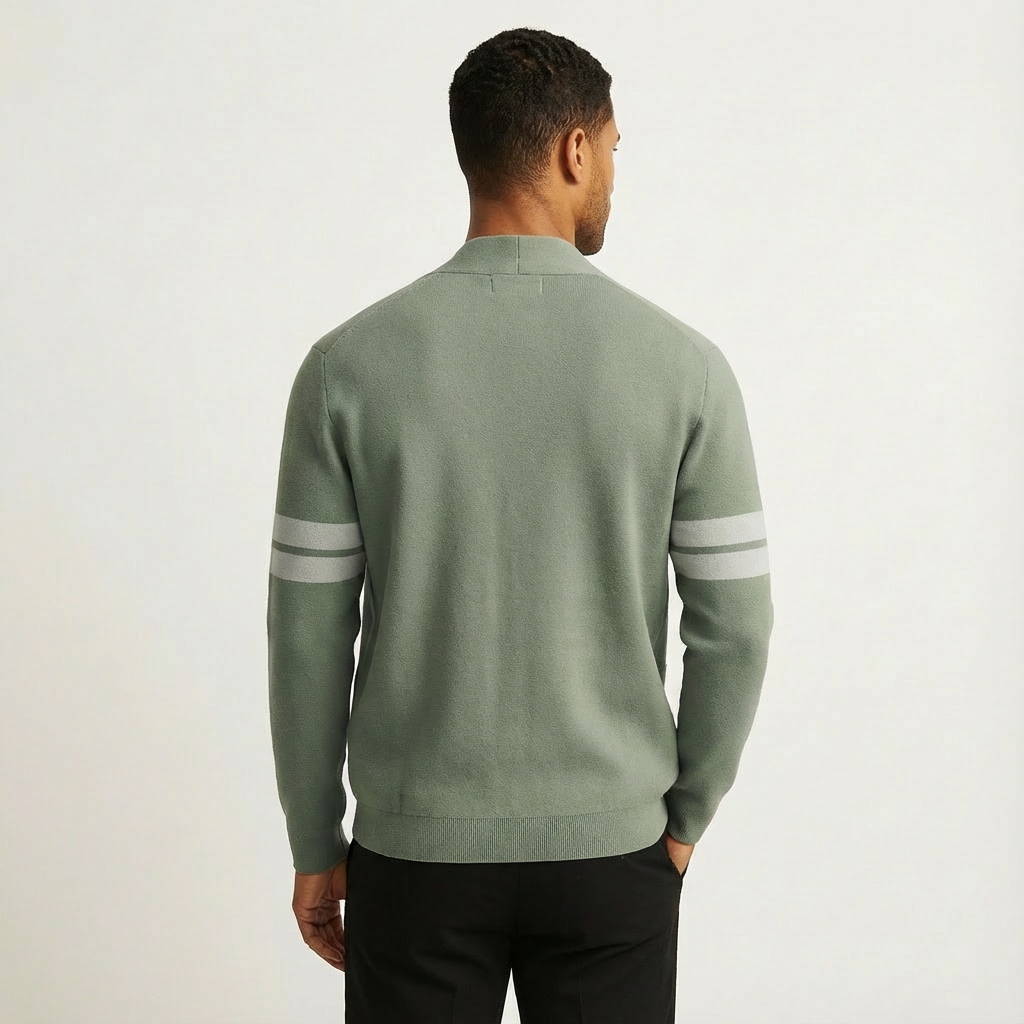 Men's merino wool cardigan with striped sleeves in light green