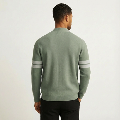 Men's merino wool cardigan with striped sleeves in light green