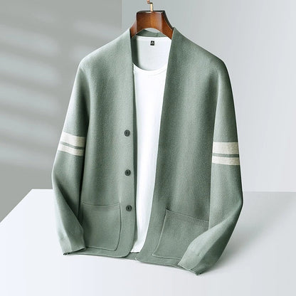 Men's merino wool cardigan with striped sleeves in light green