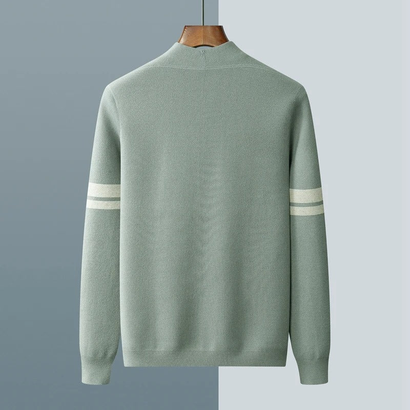Men's merino wool cardigan with striped sleeves in light green