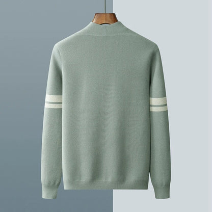 Men's merino wool cardigan with striped sleeves in light green
