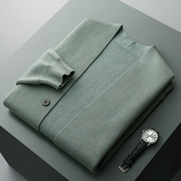 Men's merino wool cardigan with striped sleeves in light green
