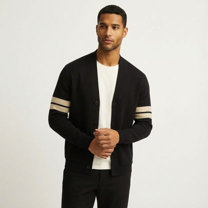 Men's merino wool cardigan with striped sleeves in black