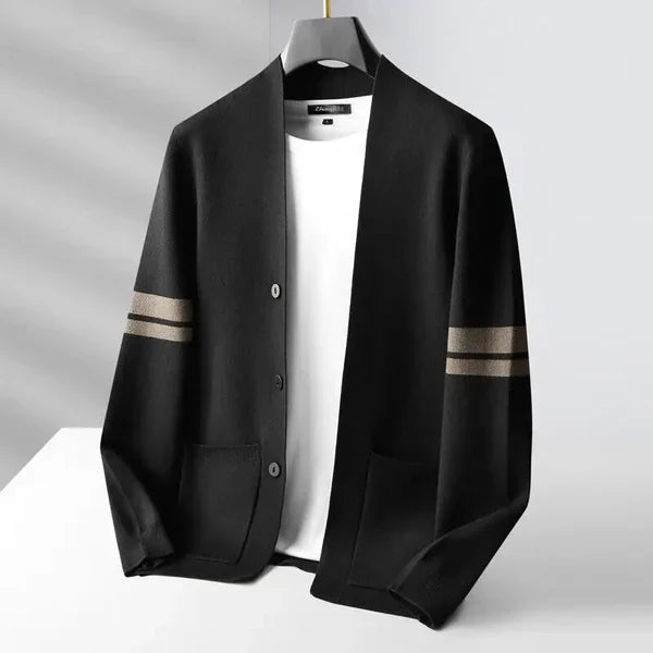 Men's merino wool cardigan with striped sleeves in black