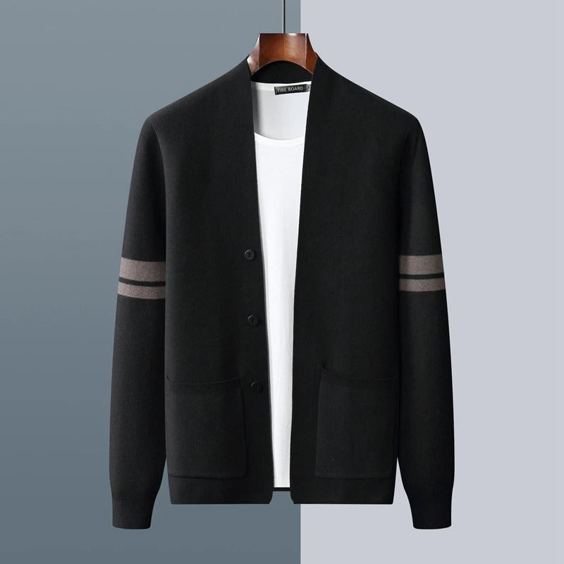Men's merino wool cardigan with striped sleeves in black
