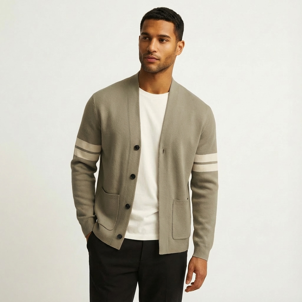Men's merino wool cardigan with striped sleeves in beige