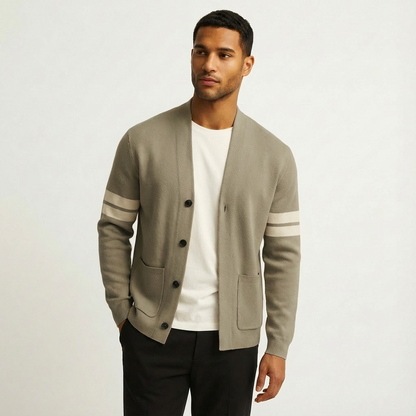 Men's merino wool cardigan with striped sleeves in beige