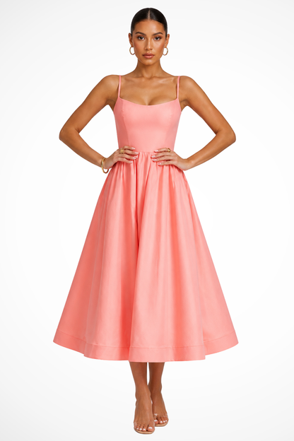 Women's orange square neck cami strap flared midi wedding guest dress
