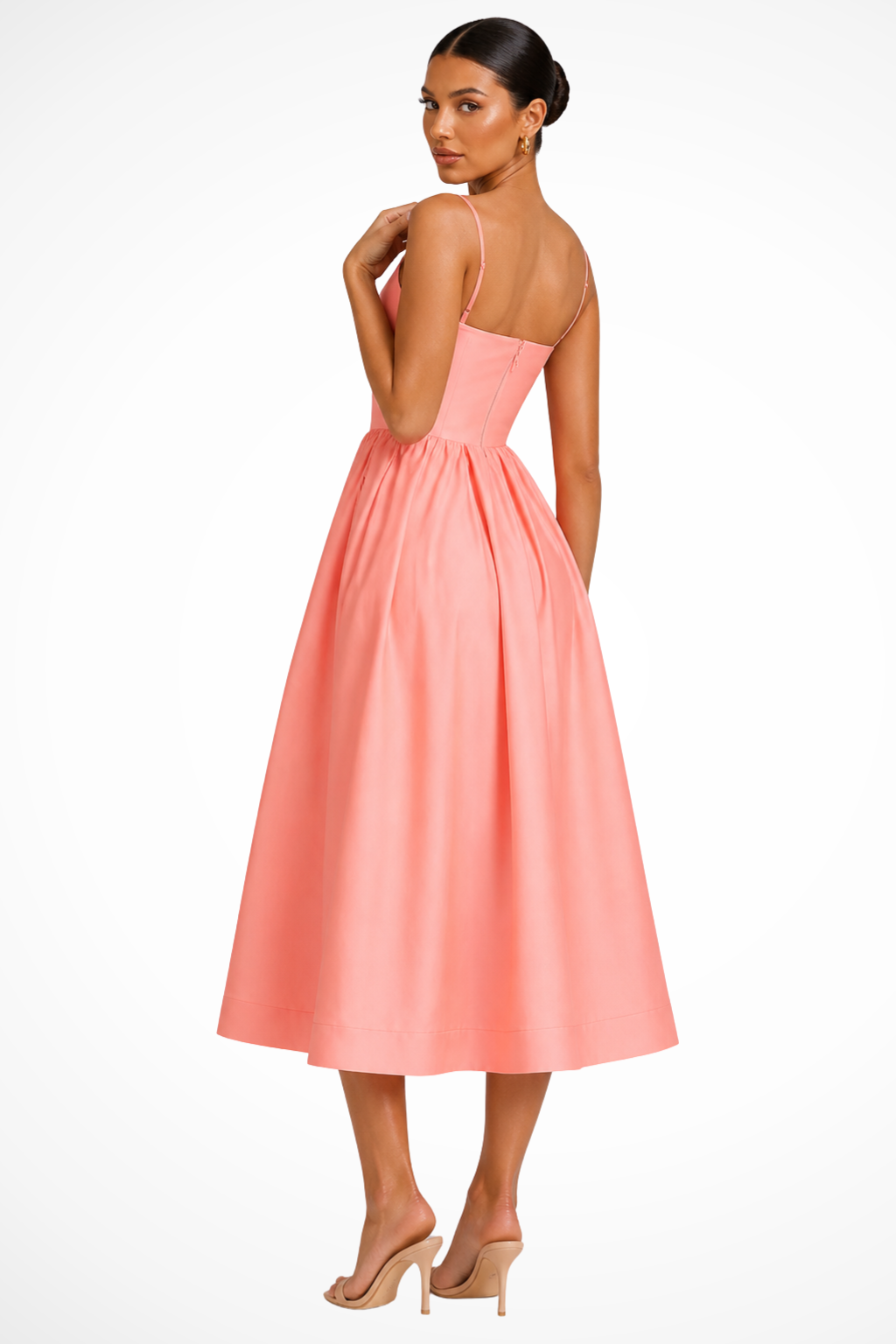 Women's blue square neck cami strap flared midi wedding guest dress
