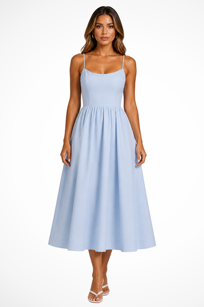 Women's white square neck cami strap flared midi wedding guest dress