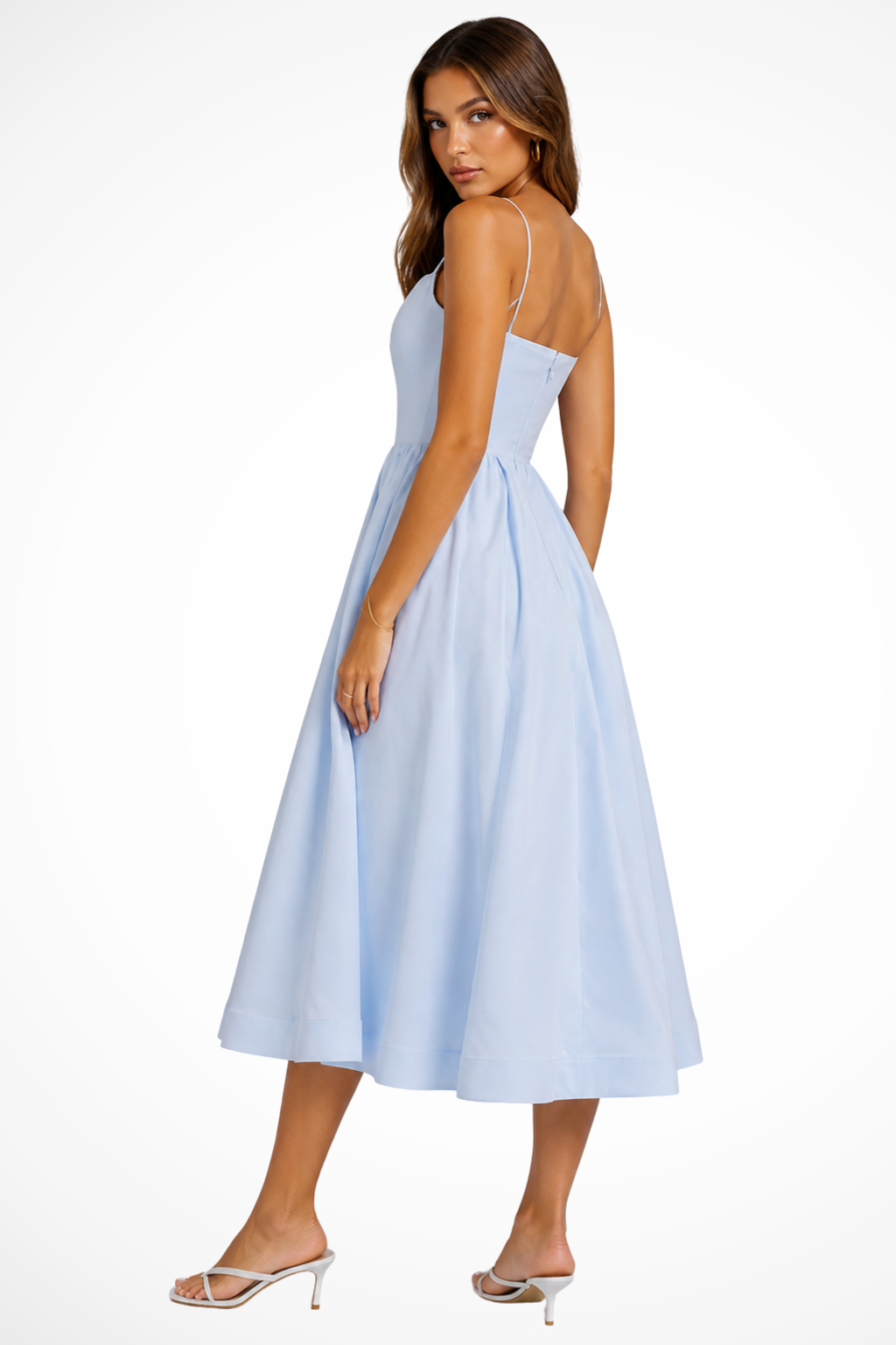 Women's purple square neck cami strap flared midi wedding guest dress