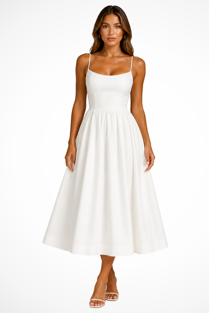 Women's orange square neck cami strap flared midi wedding guest dress