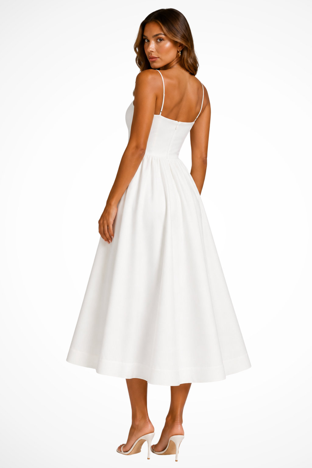 Women's blue square neck cami strap flared midi wedding guest dress
