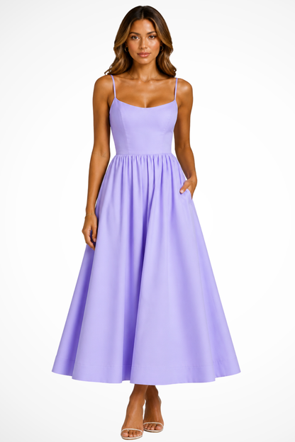 Women's white square neck cami strap flared midi wedding guest dress