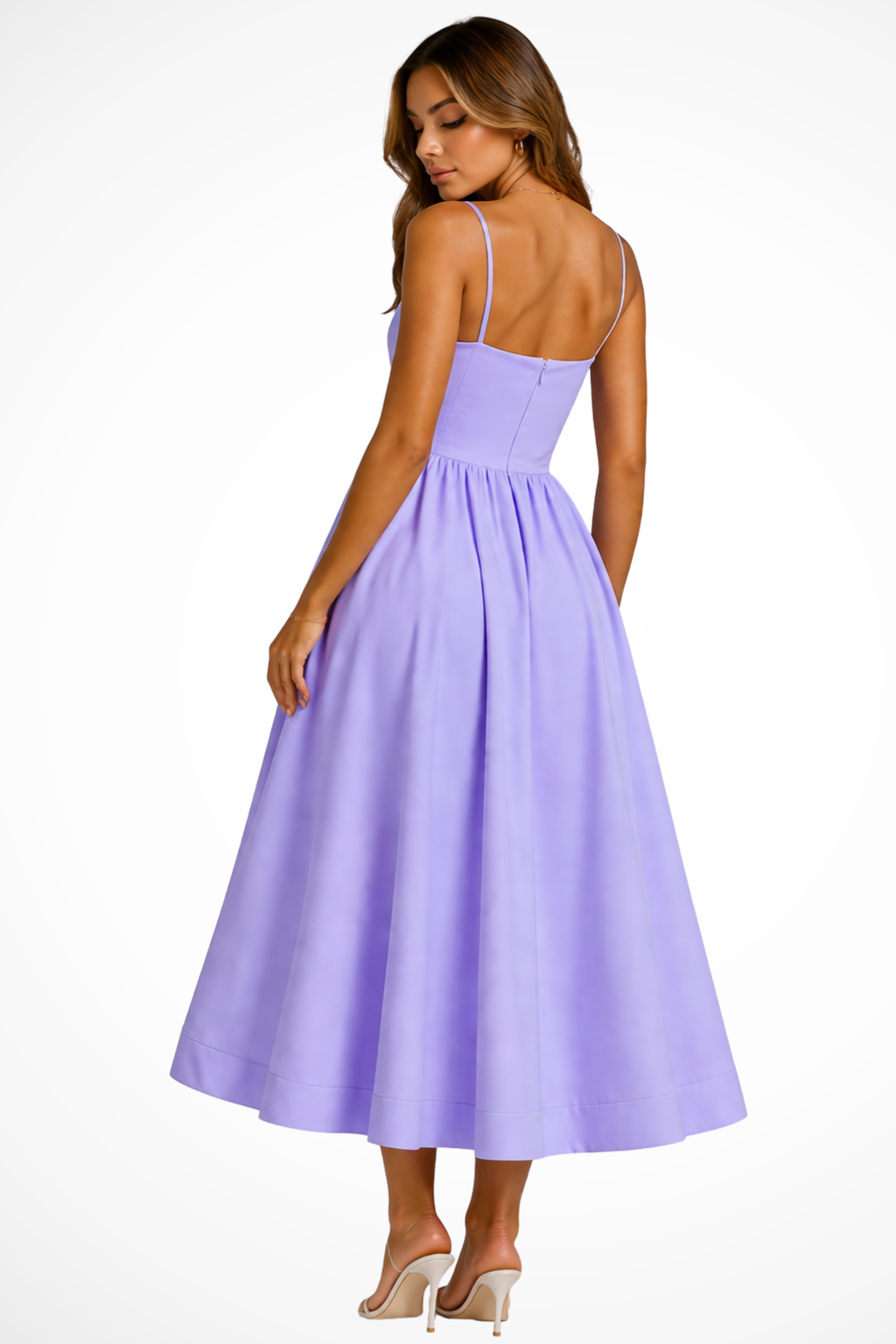 Women's purple square neck cami strap flared midi wedding guest dress