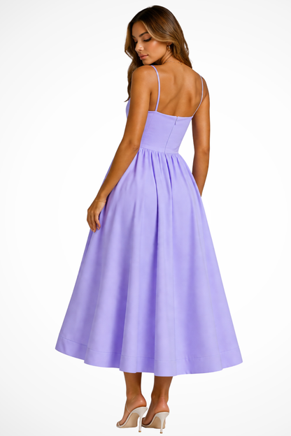 Women's purple square neck cami strap flared midi wedding guest dress