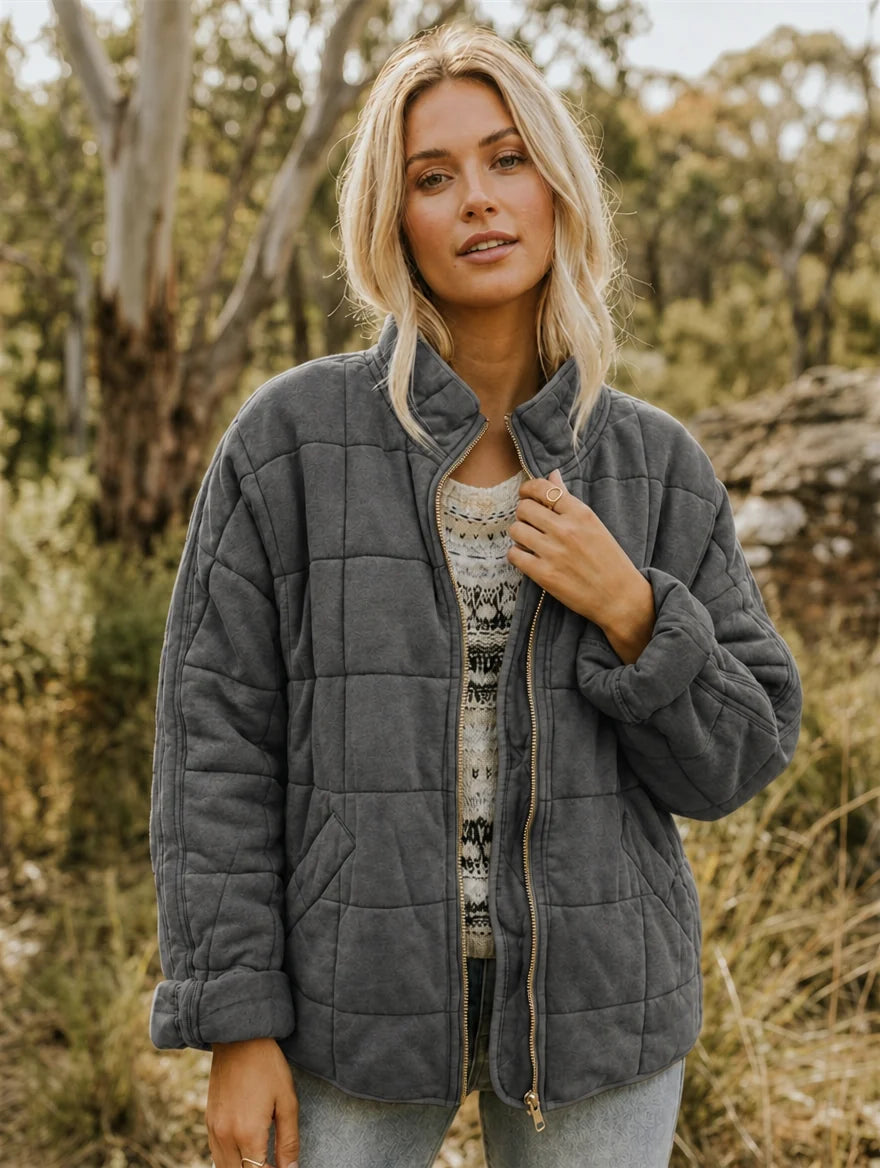 Women's charcoal relaxed quilted jacket with stand collar