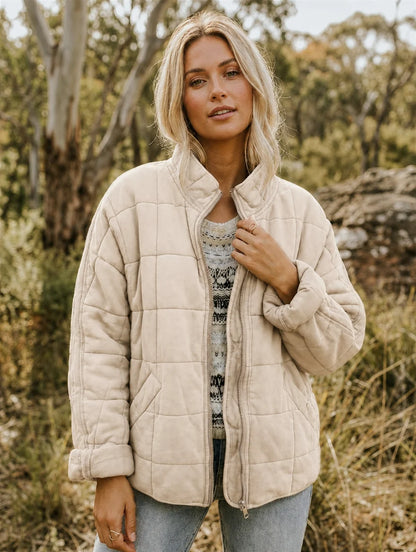 Women's cream relaxed quilted jacket with stand collar