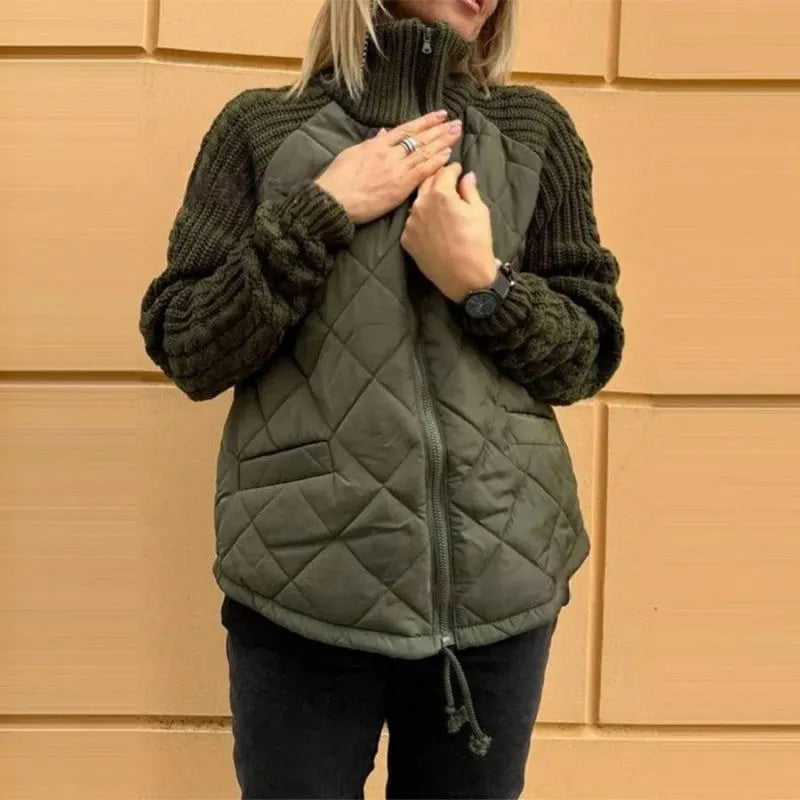 Women's zip-front knit jacket in khaki
