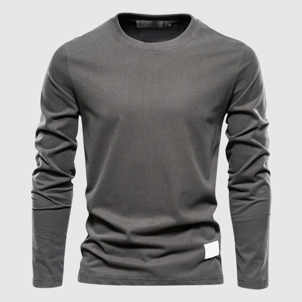 Men's dark gray cotton crewneck long sleeve shirt with soft breathable finish