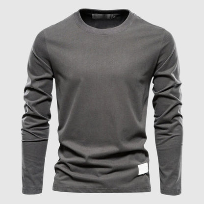 Men's dark gray cotton crewneck long sleeve shirt with soft breathable finish