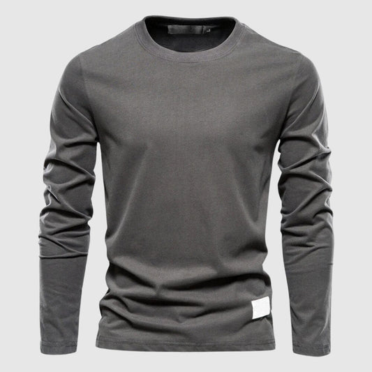 Men's dark gray cotton crewneck long sleeve shirt with soft breathable finish