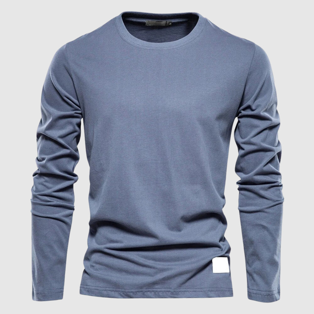 Men's dark gray cotton crewneck long sleeve shirt with soft breathable finish