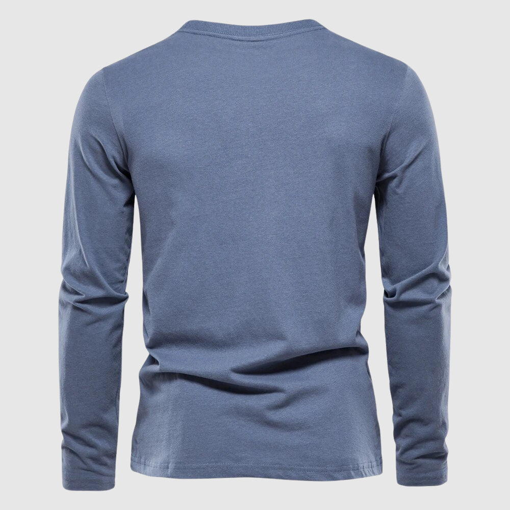 Men's light blue cotton crewneck long sleeve shirt with soft breathable finish