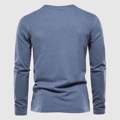 Men's light blue cotton crewneck long sleeve shirt with soft breathable finish