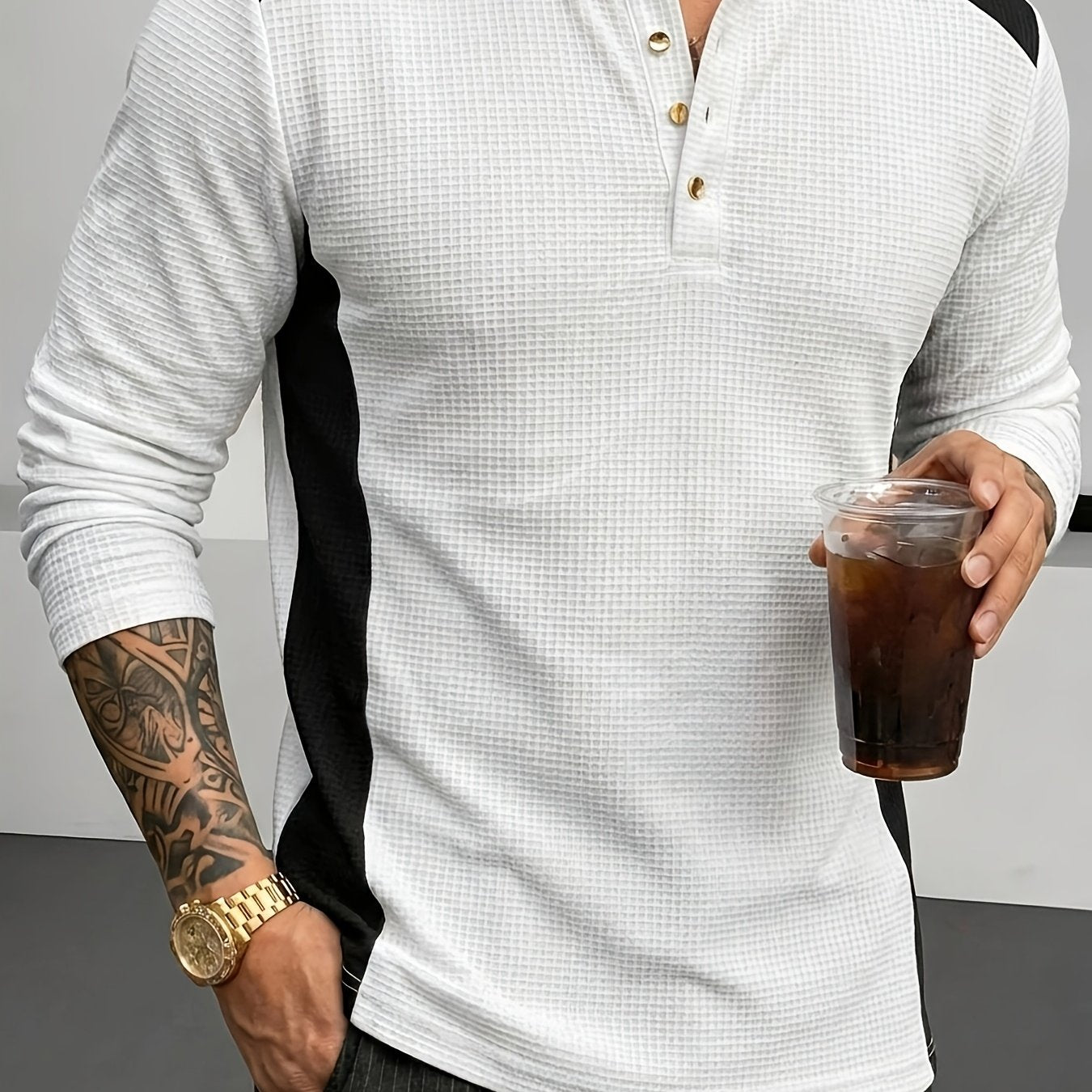 White Men's Textured Henley with Contrast Detail