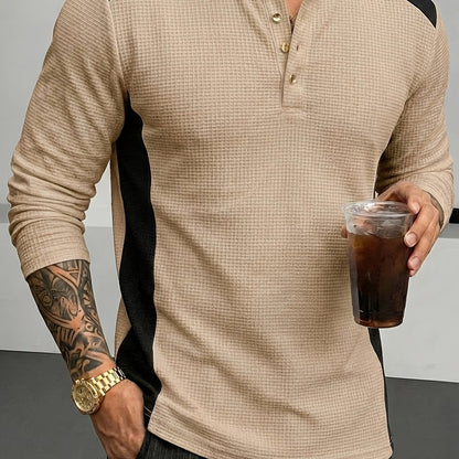 Khaki Men's Textured Henley with Contrast Detail