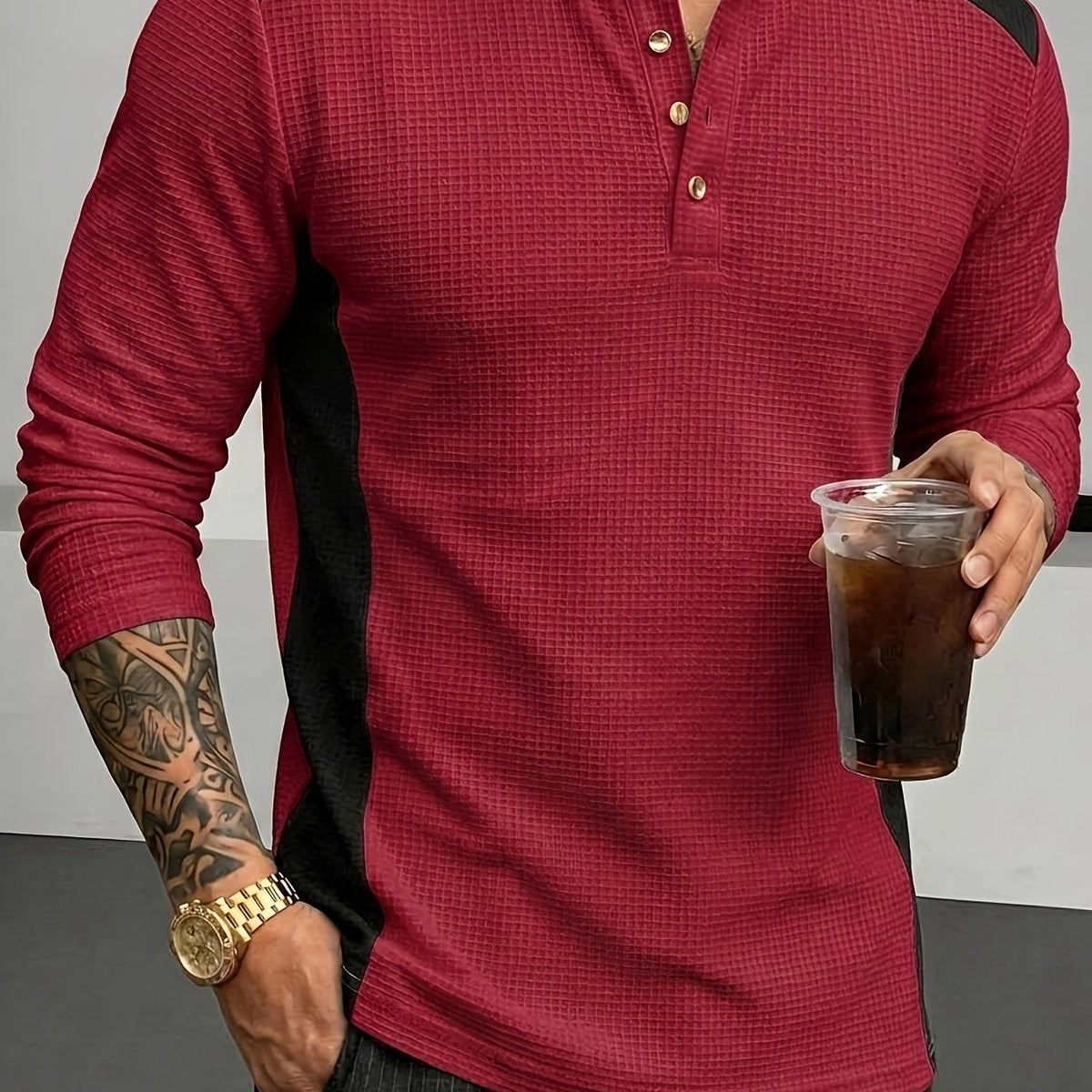 Burgundy Men's Textured Henley with Contrast Detail
