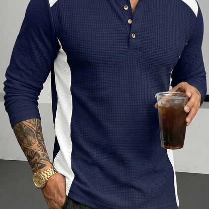 Navy Men's Textured Henley with Contrast Detail