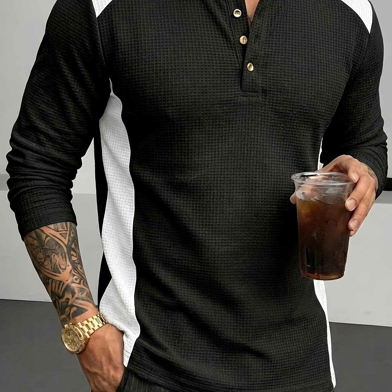 Black Men's Textured Henley with Contrast Detail