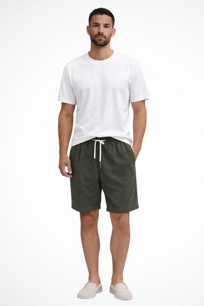 Men's army green corduroy shorts drawstring waist relaxed fit