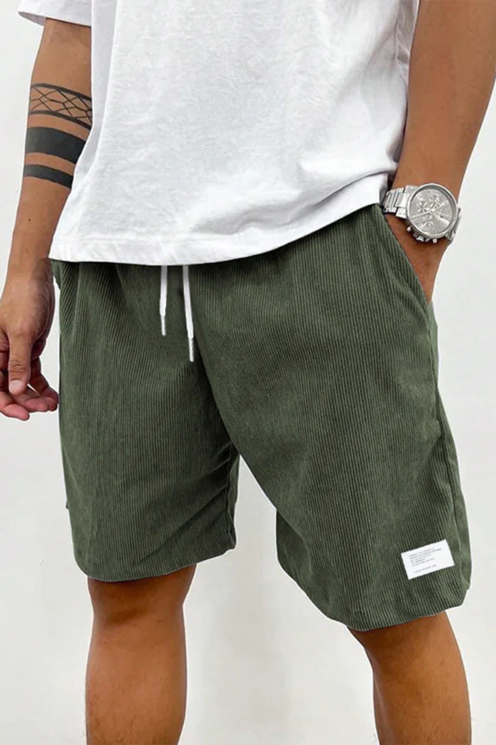 Men's army green corduroy shorts drawstring waist relaxed fit