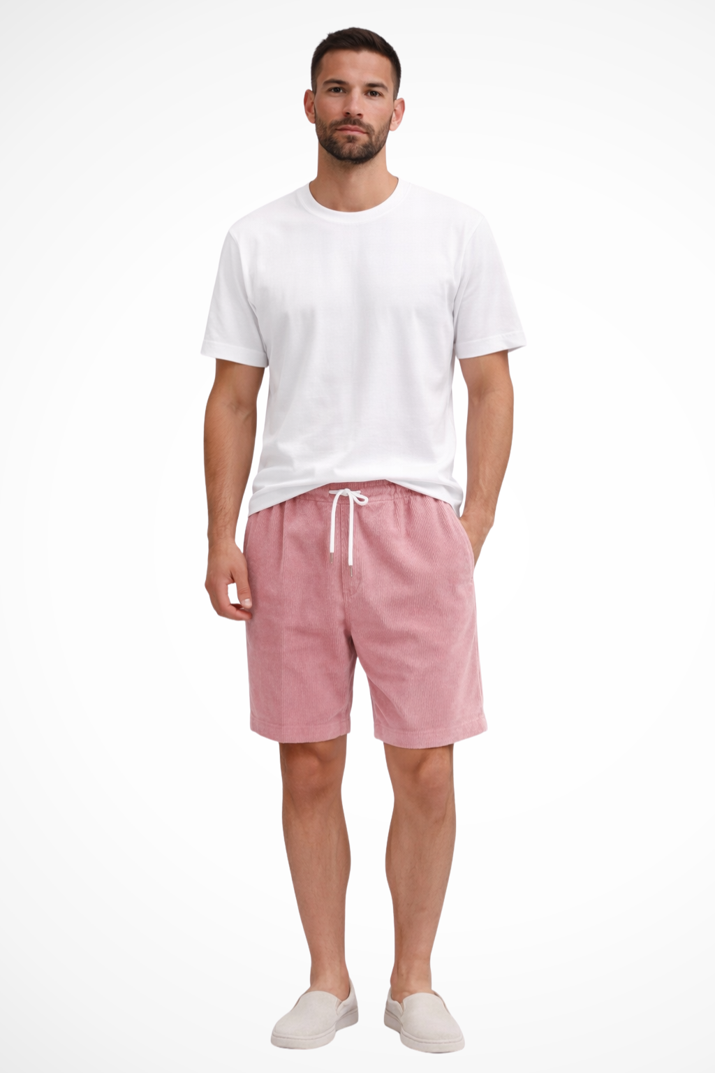 Men's beige corduroy shorts drawstring waist relaxed fit
