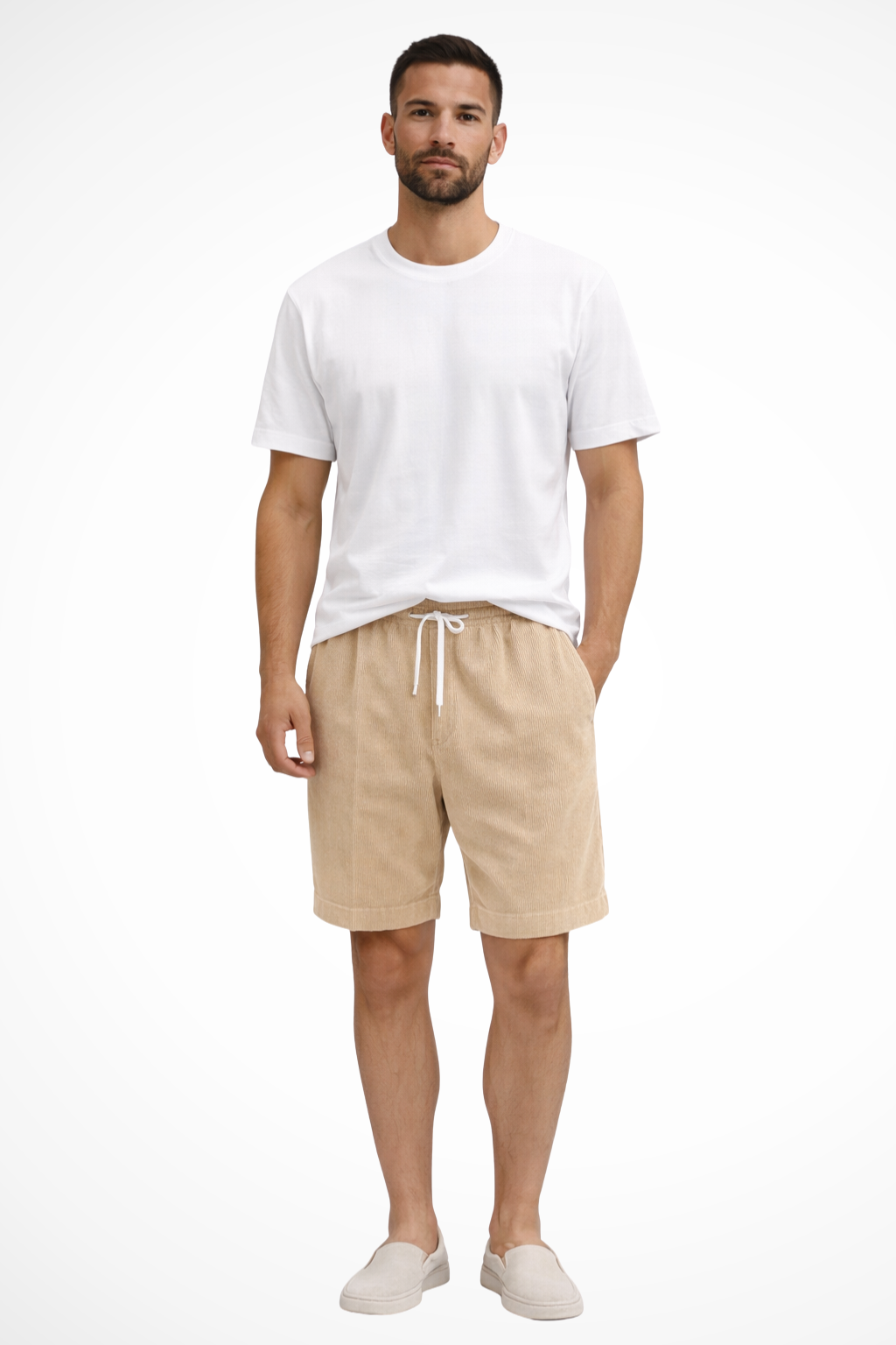Men's army green corduroy shorts drawstring waist relaxed fit