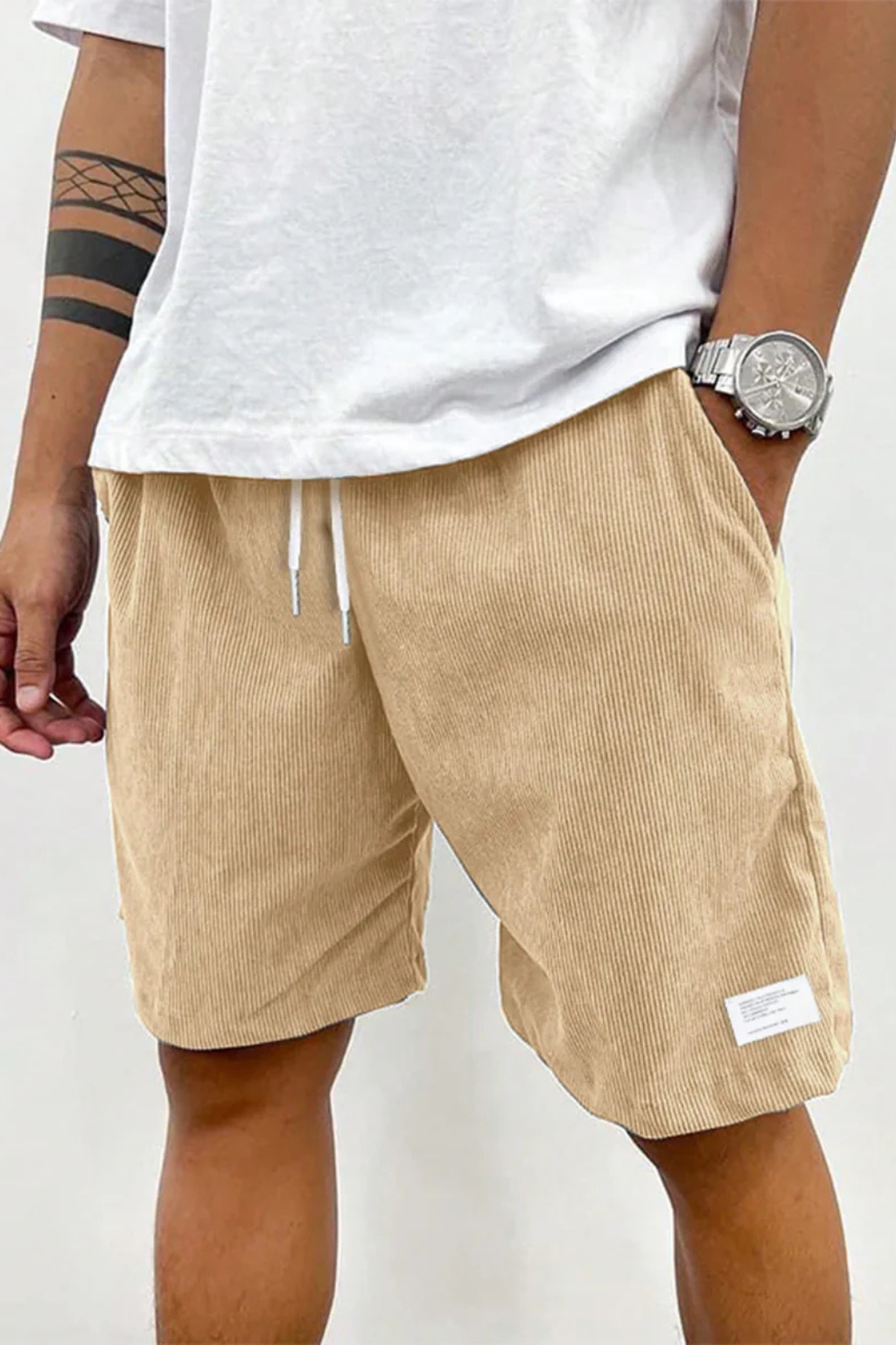 Men's army green corduroy shorts drawstring waist relaxed fit