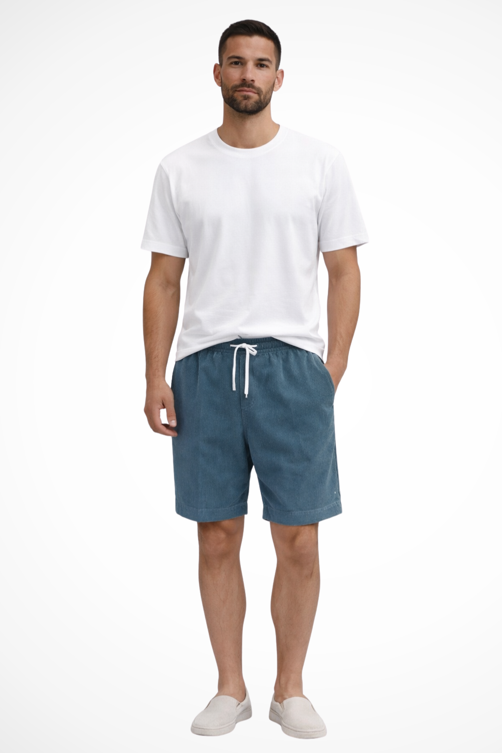Men's beige corduroy shorts drawstring waist relaxed fit