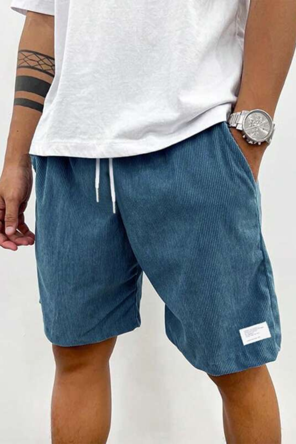 Men's beige corduroy shorts drawstring waist relaxed fit
