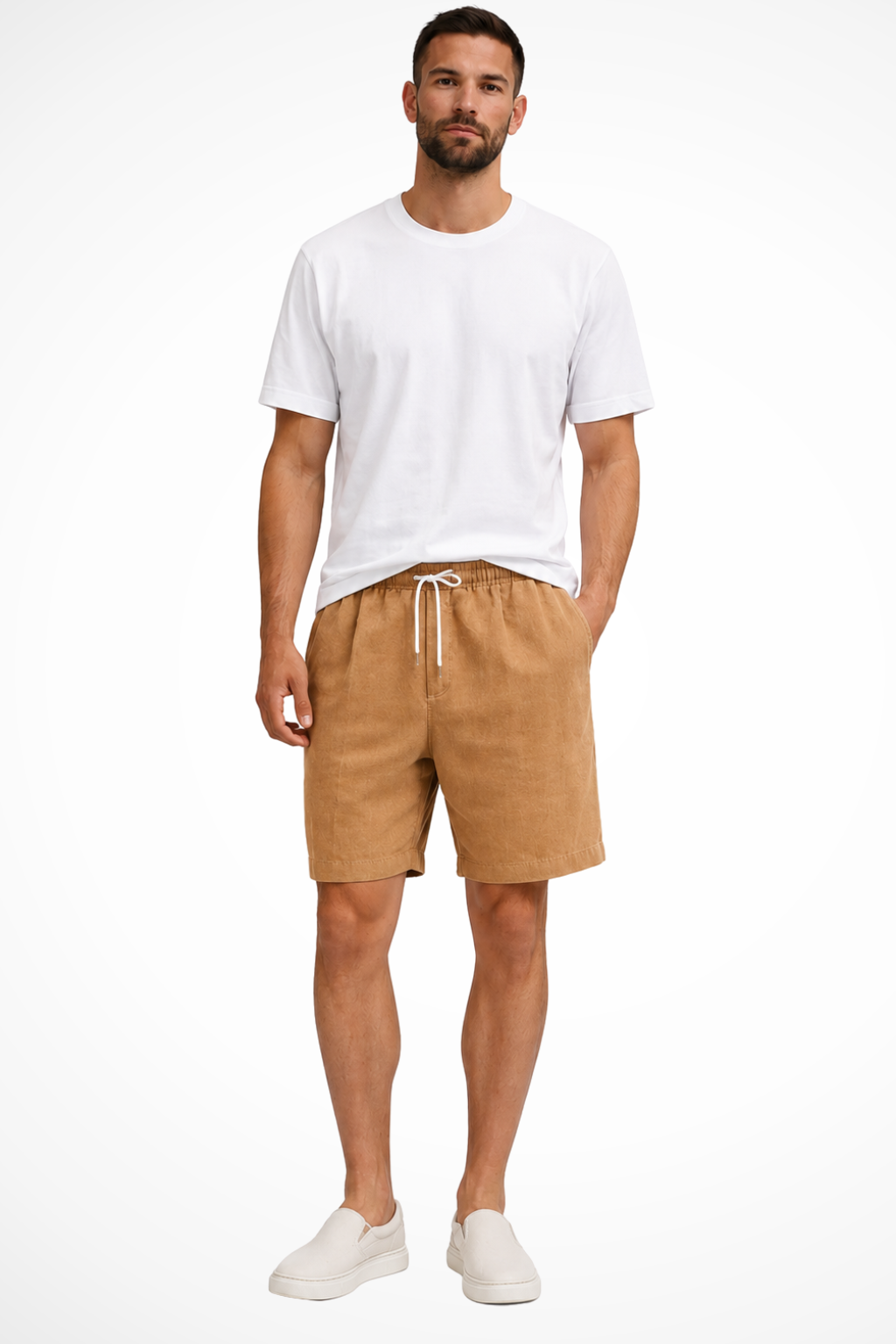 Men's beige corduroy shorts drawstring waist relaxed fit