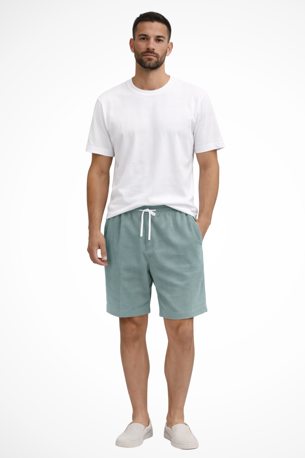 Men's beige corduroy shorts drawstring waist relaxed fit