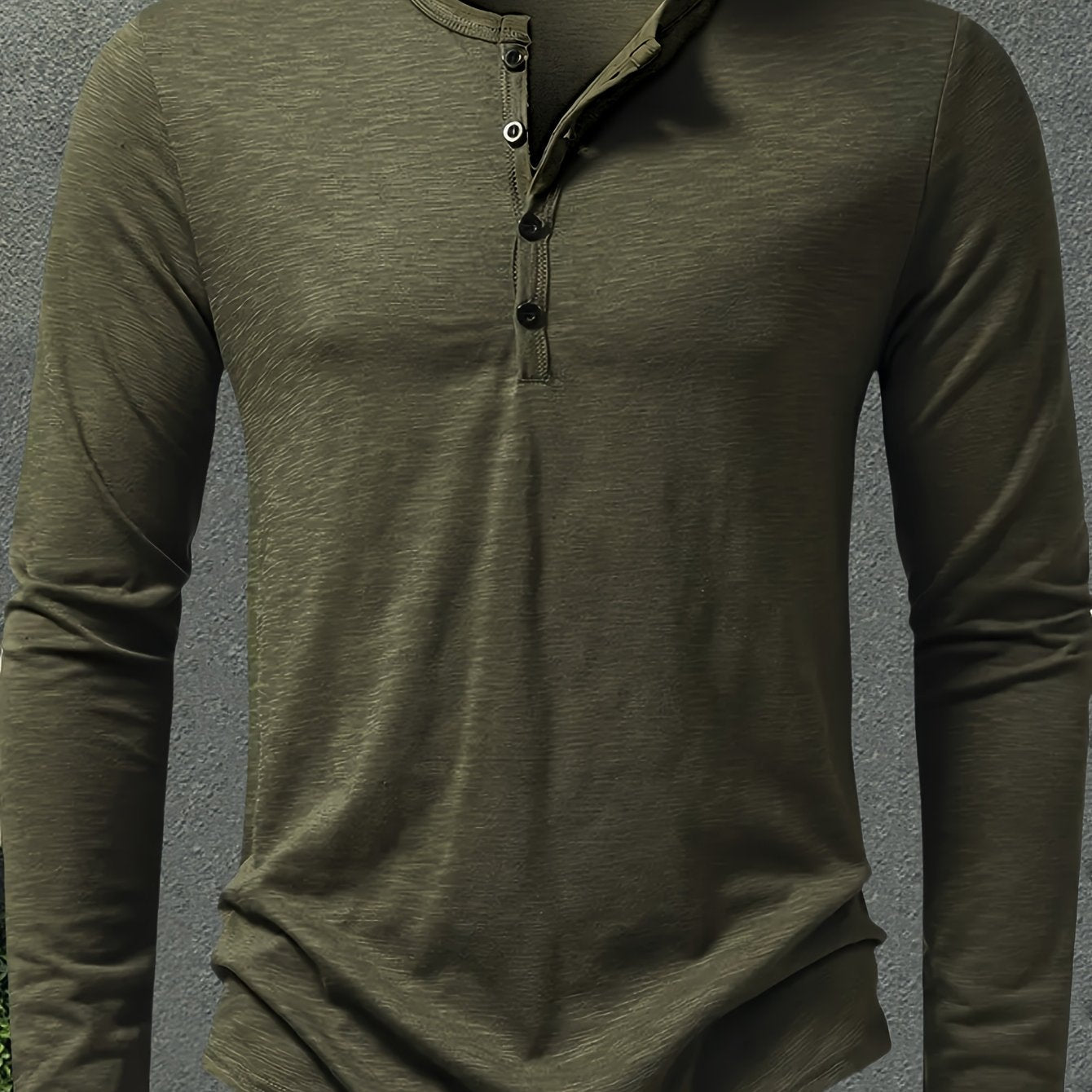 Military Green Men's Stand-Collar Button-Placket Henley