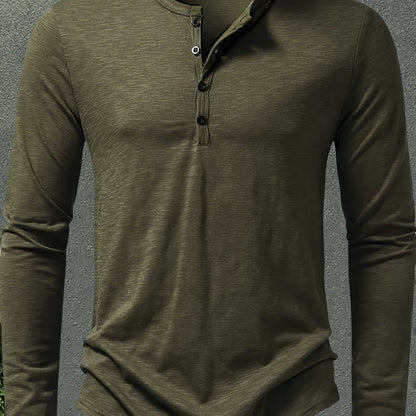 Military Green Men's Stand-Collar Button-Placket Henley
