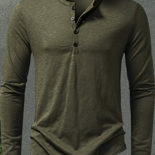 Military Green Men's Stand-Collar Button-Placket Henley
