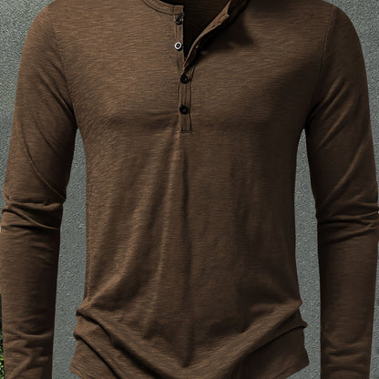 Coffee Brown Men's Stand-Collar Button-Placket Henley