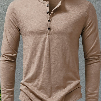 Khaki Men's Stand-Collar Button-Placket Henley