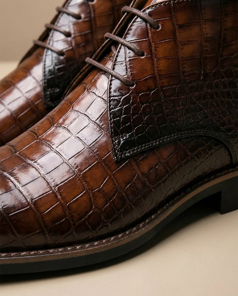 Wesley crocodile-embossed leather boots, texture detail